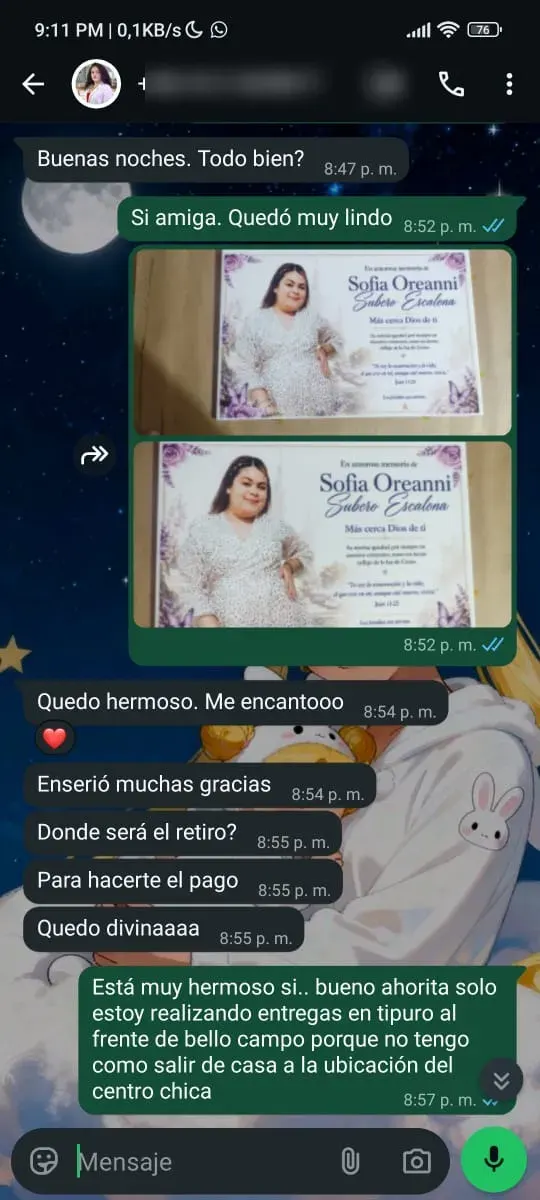 Captura de WhatsApp — pedido real NEBULA